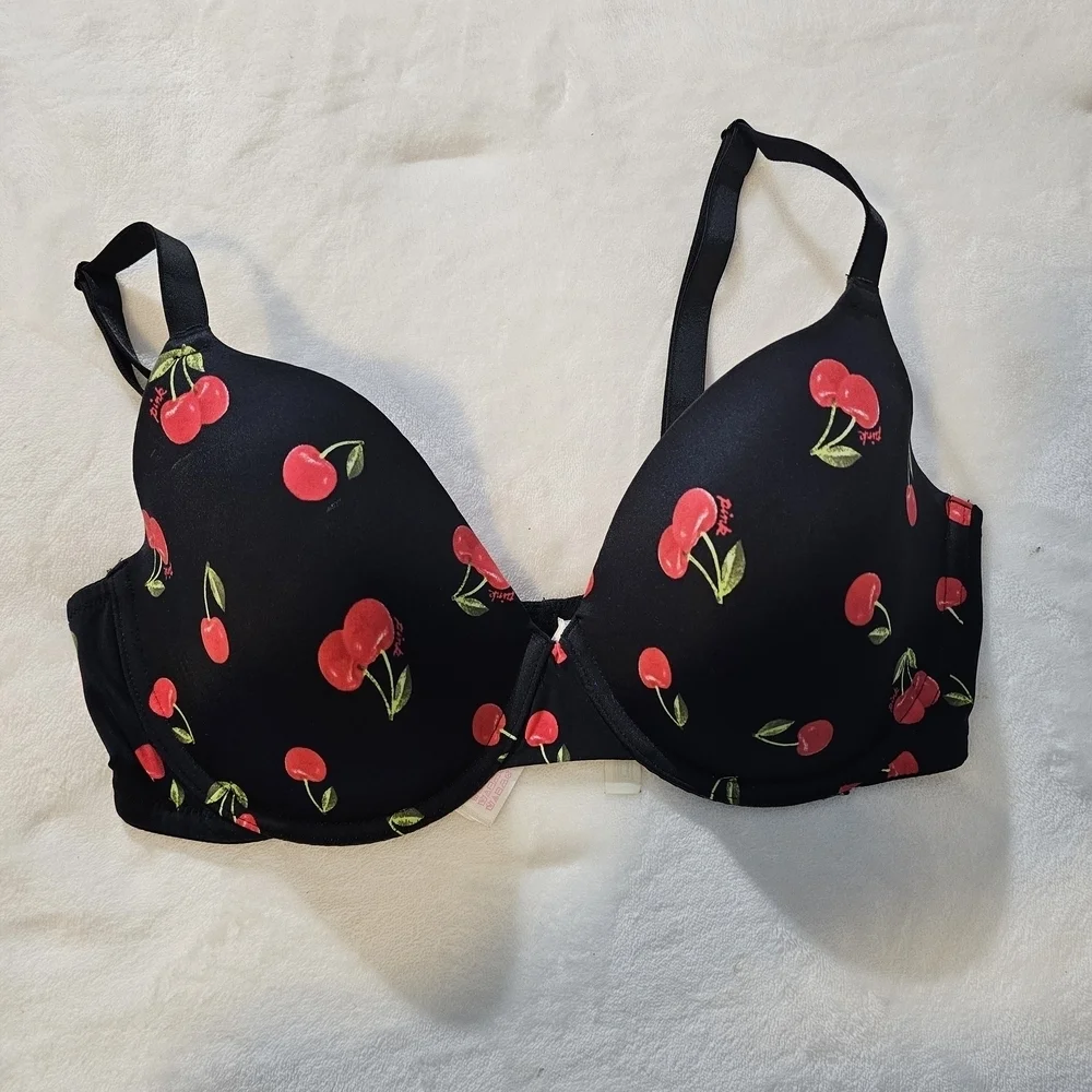 PINK Victoria's Secret Black Bra with Cherry Design